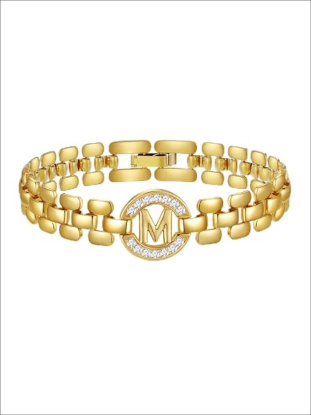 14K Gold Plated Initial Bracelet with Diamonds Thick Chain Letter M